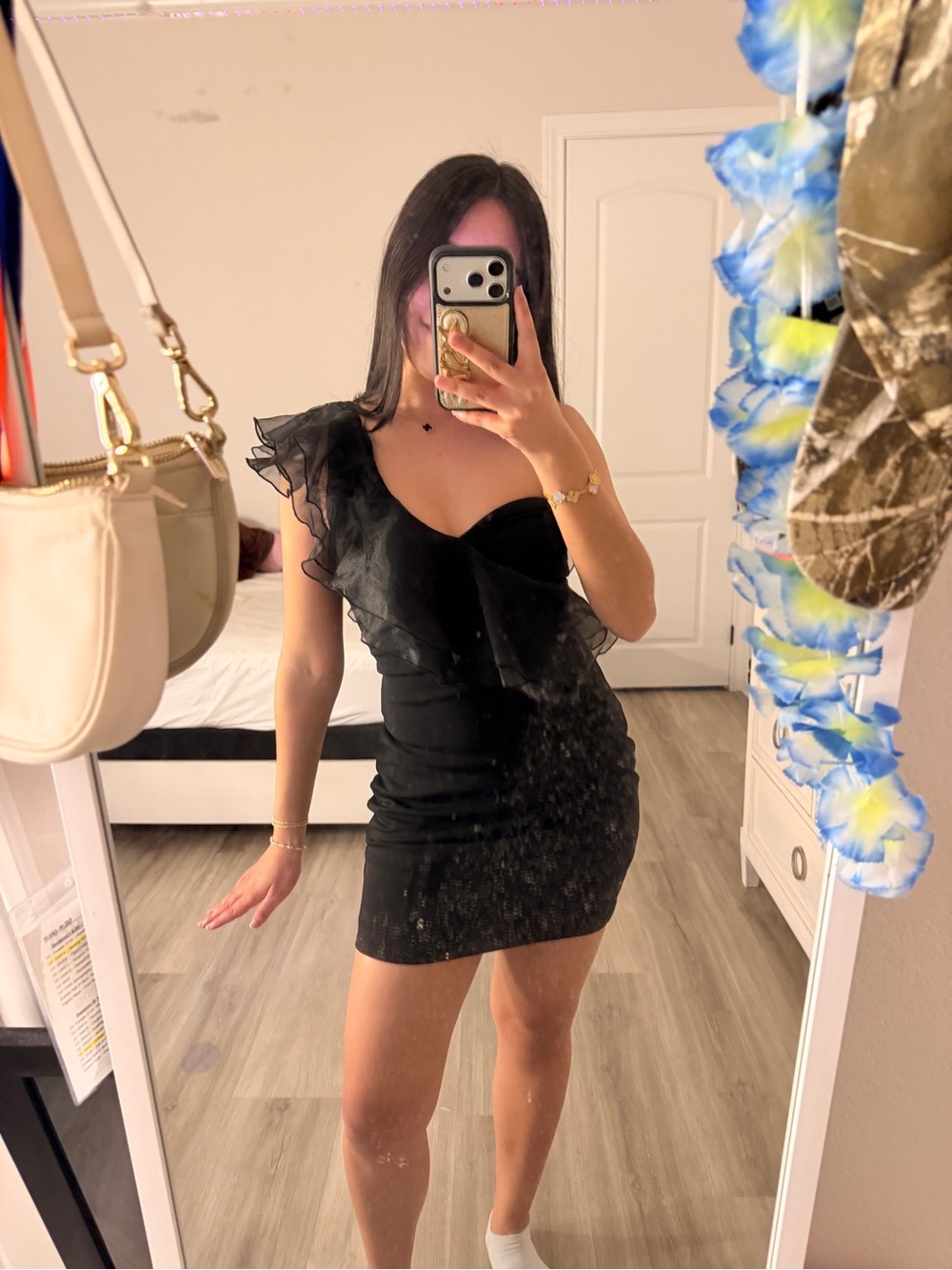American Threads Black One-Shoulder Mini Dress w Ruffle Detail - Picture 3 of 4